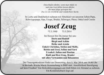 Traueranzeige von Josef Zeug von Pegnitz-Zeitung